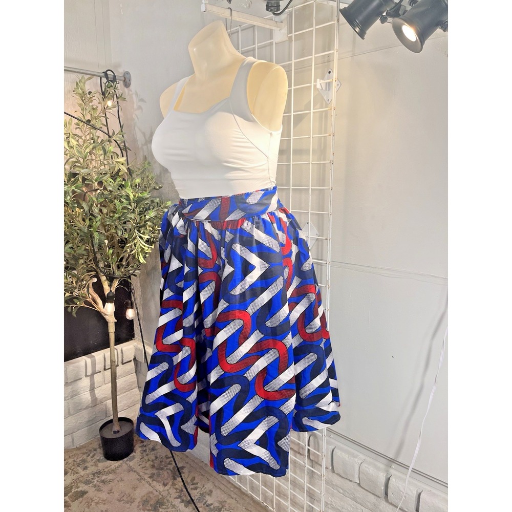 African Print 100%‎ Cotton Wax Cloth Full Skirt Pockets Self Belt One Size Blue